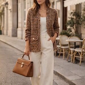 Sioni Bouclé Fringe Cardigan Brown Tweed Knit Jacket Gold Buttons XS Quiet Lux